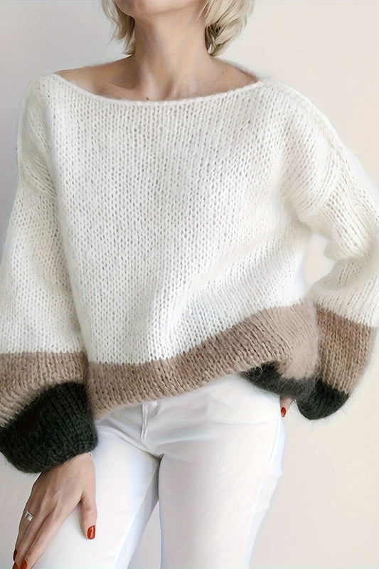 Soft Colorblock Crew Neck Puffy Knit Elegant Sweater