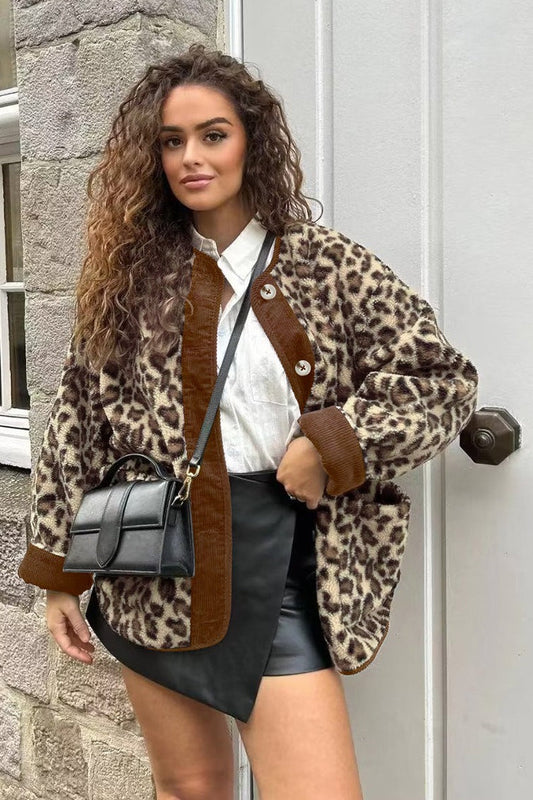 Leopard Print Fleece Sherpa Panel Crew Neck Warm Jacket