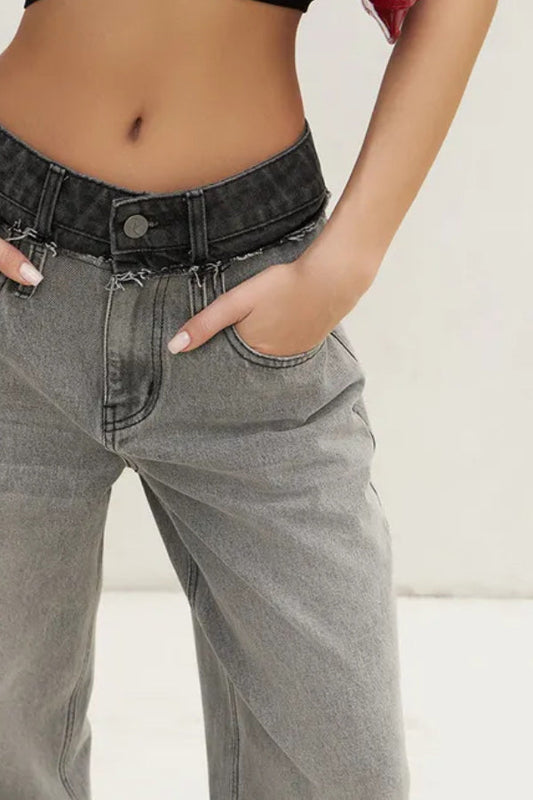 Waist Patch Distressed Straight Jean