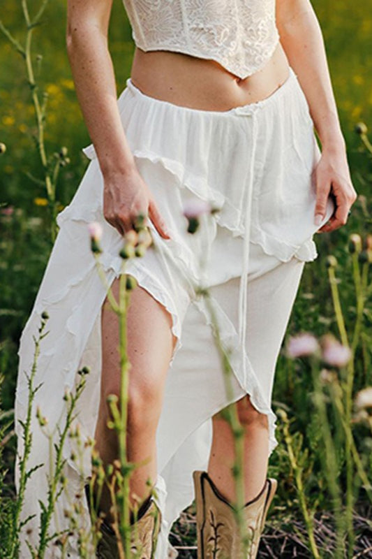 Romantic Ruffle High-Slit Skirt