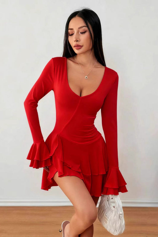 High Waist Slim Fit Solid Color Long Sleeve Mini Dress