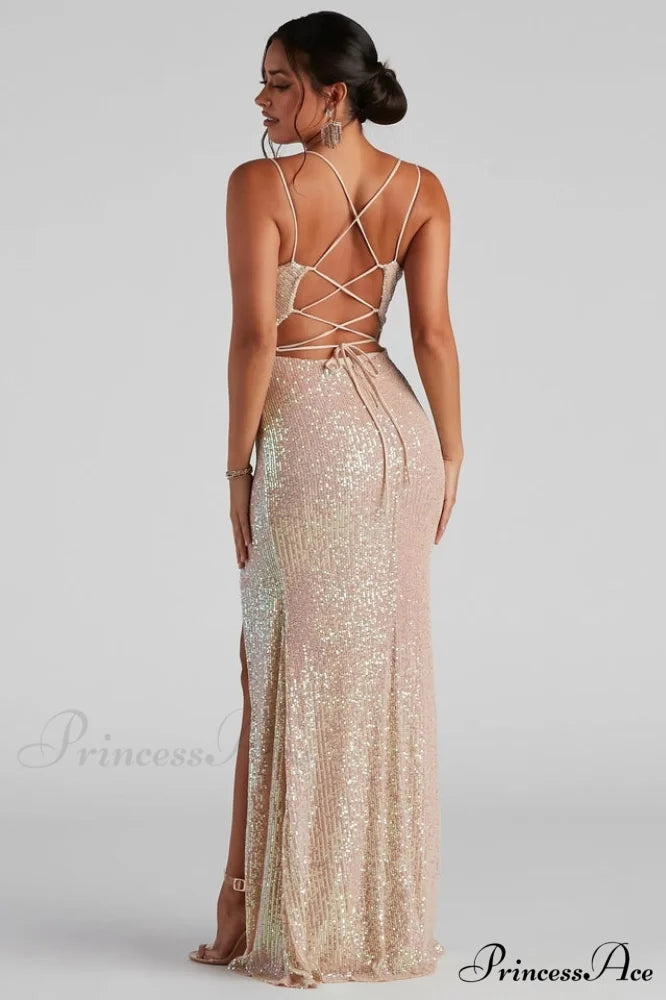 Debra Formal Sequin Charming Cowl Neck Dress