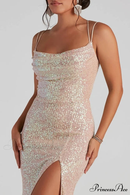 Debra Formal Sequin Charming Cowl Neck Dress