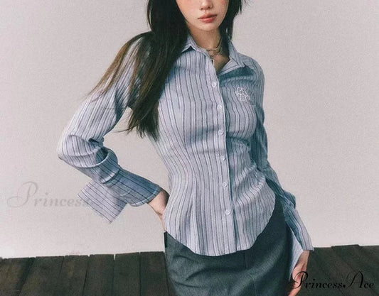Decorated Banded Trim Narrow Collar Shirt blouse-250126