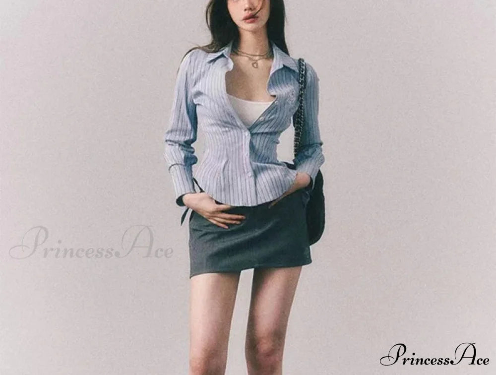 Decorated Banded Trim Narrow Collar Shirt blouse-250126