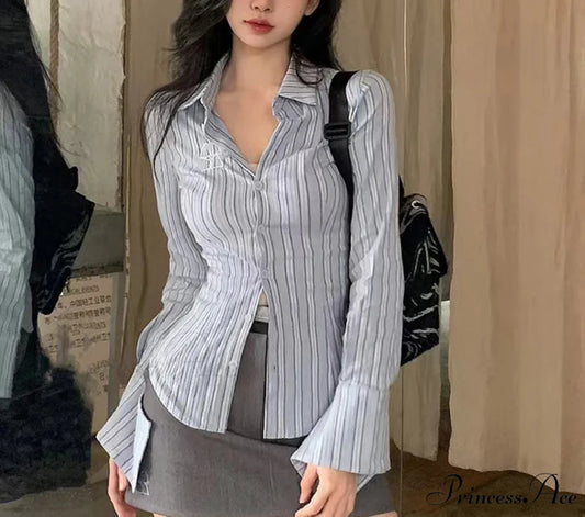 Decorated Banded Trim Narrow Collar Shirt Striped Shirt / S blouse-250126