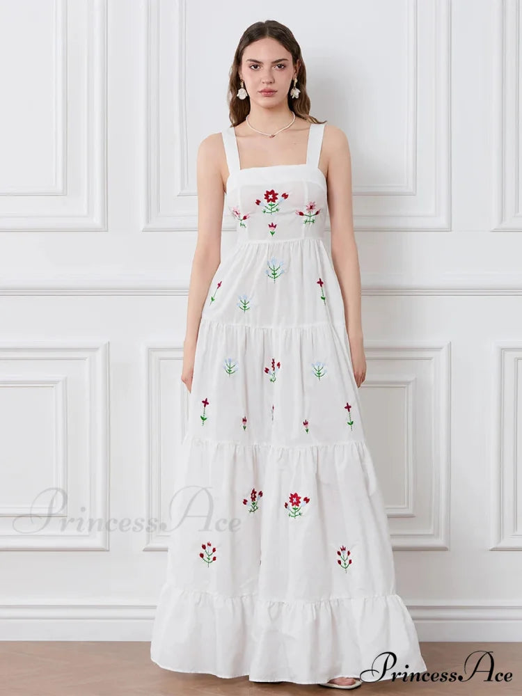 Decorated Blossom Gathered Tiered Slip Floral Dress WHITE / S floraldress-250126