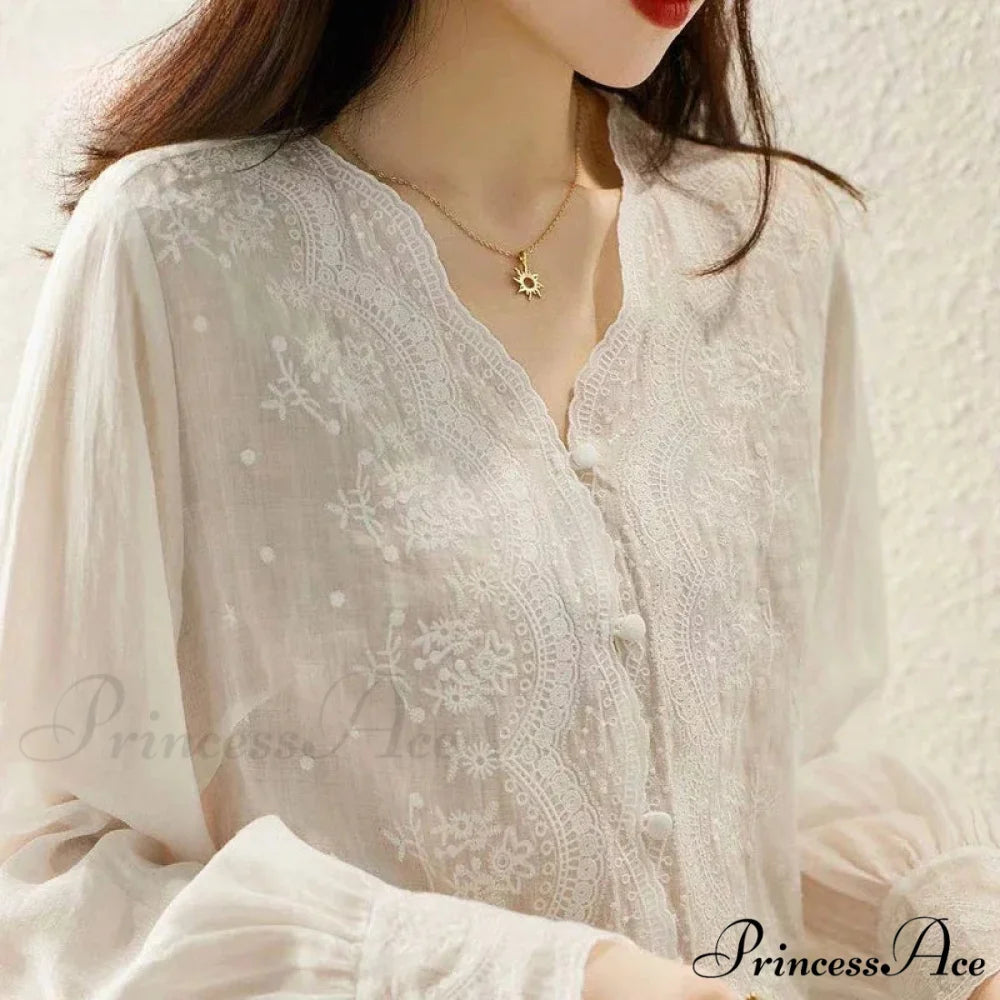 Decorated Lace Plunging Neckline Linen Top Fall Top blouse-250126