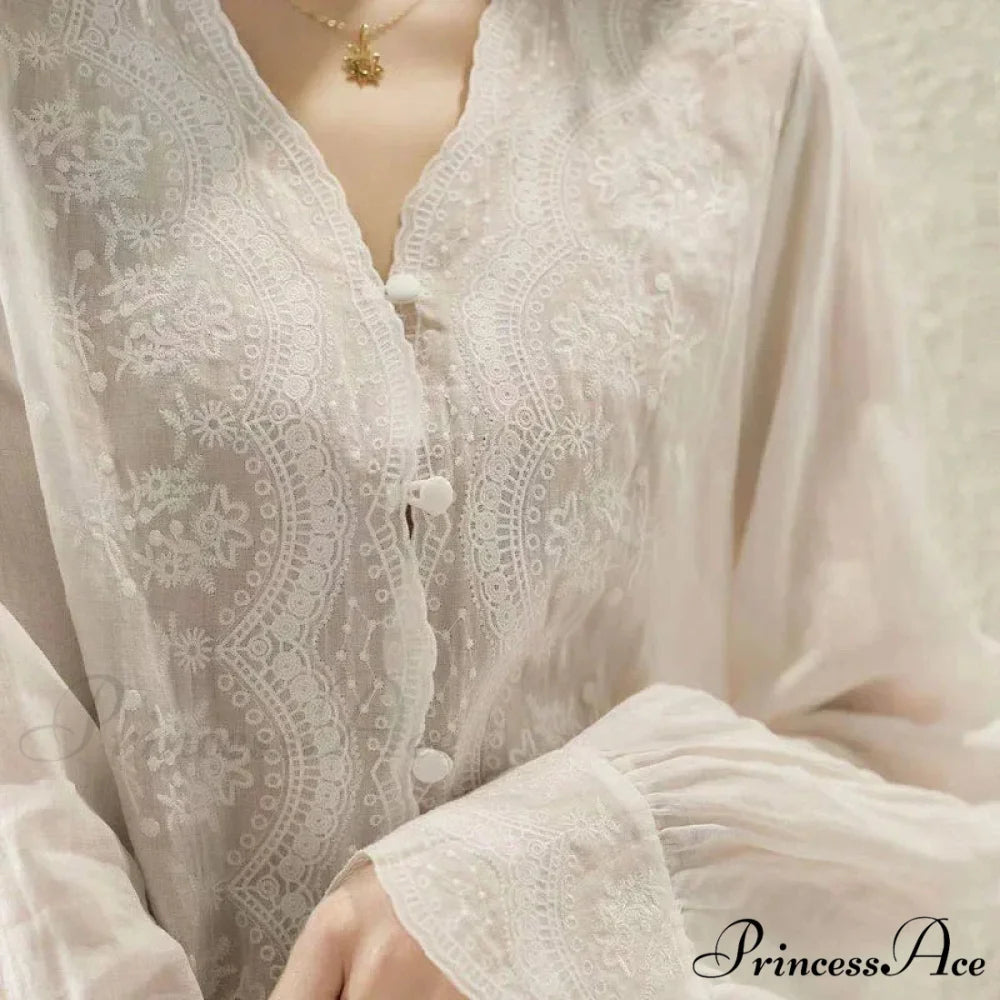 Decorated Lace Plunging Neckline Linen Top Fall Top blouse-250126