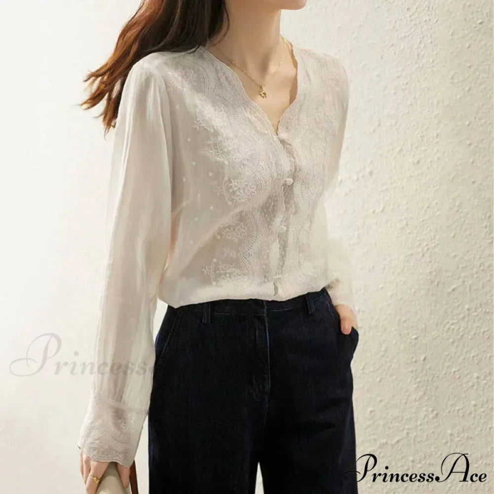 Decorated Lace Plunging Neckline Linen Top Fall Top blouse-250126