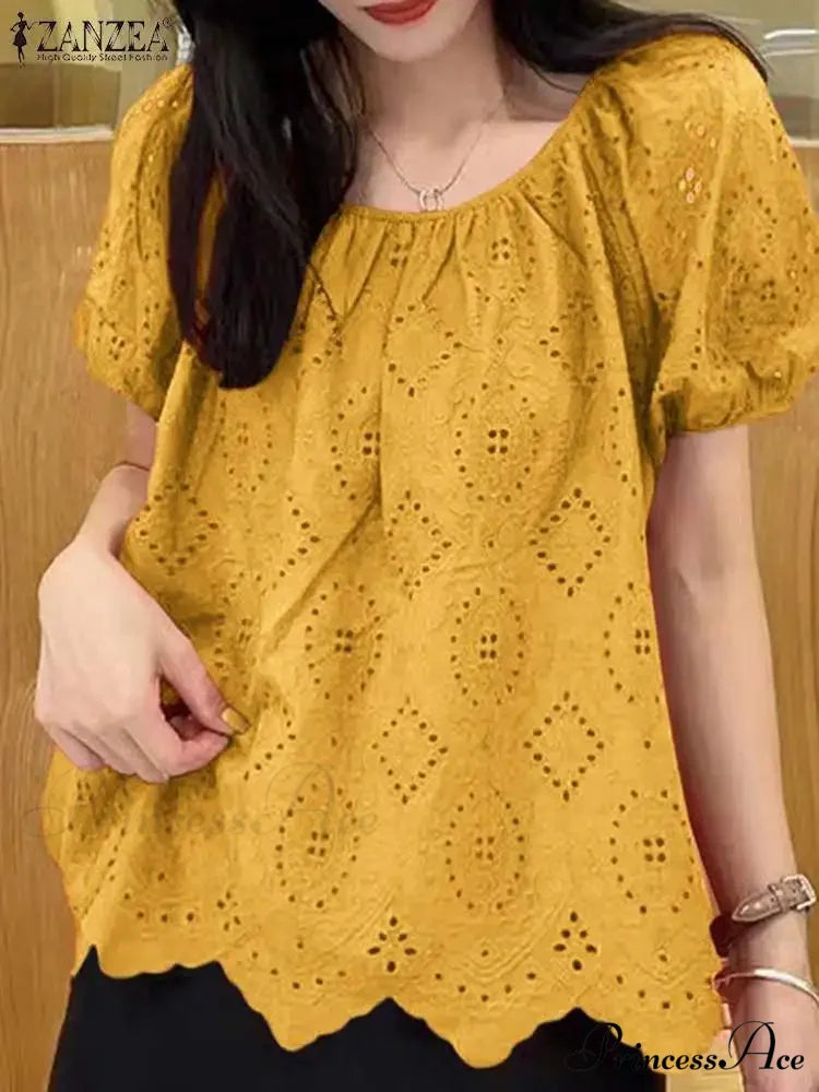 Decorated Puff Sleeve Informal Lace Patchwork Top blouse-250126