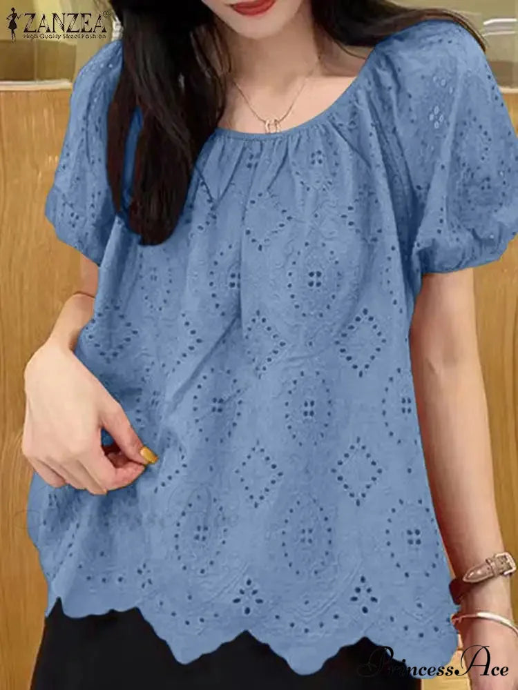 Decorated Puff Sleeve Informal Lace Patchwork Top blouse-250126