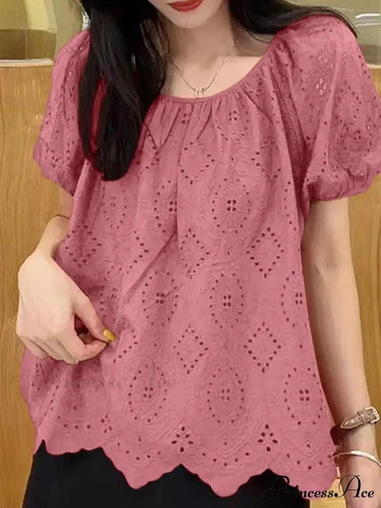 Decorated Puff Sleeve Informal Lace Patchwork Top Cameo / S blouse-250126