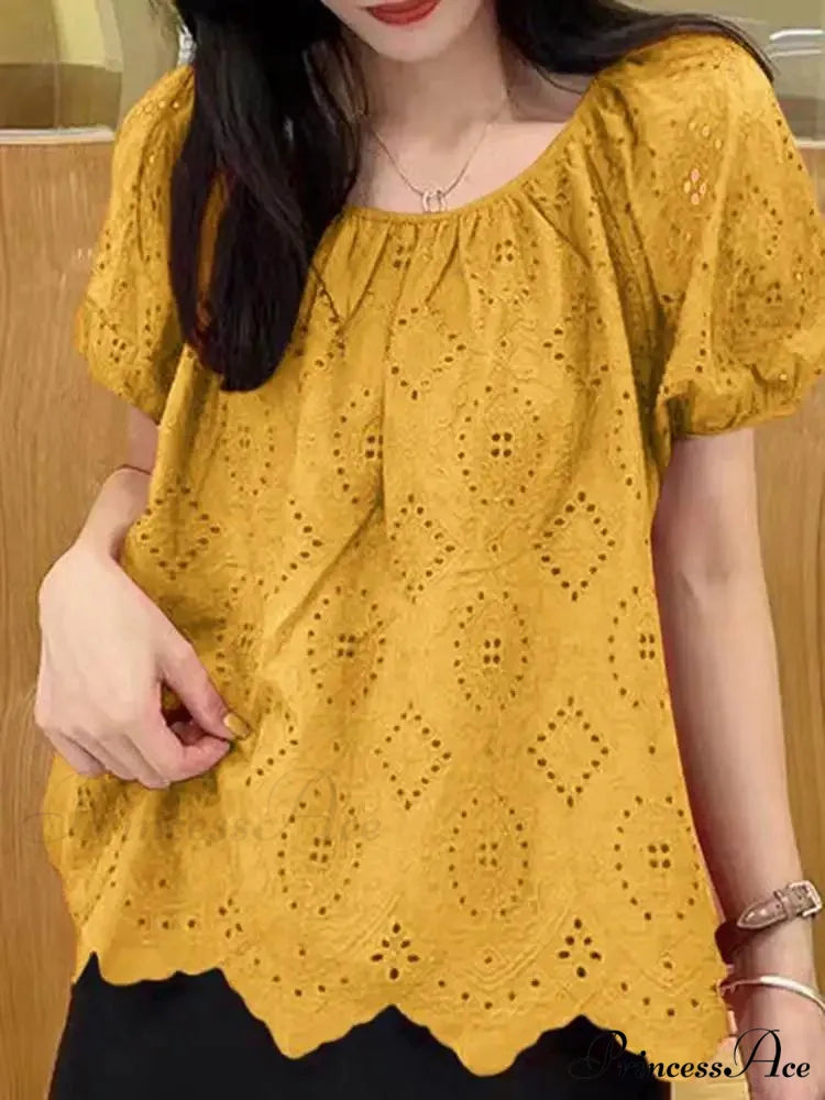 Decorated Puff Sleeve Informal Lace Patchwork Top Yellow / S blouse-250126