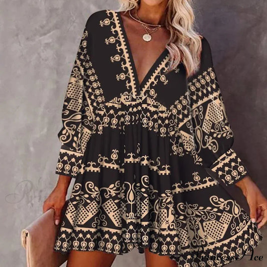Deep-neck Baggy Lantern Sleeve Boho Mini Dress Black / S bohodress-250126