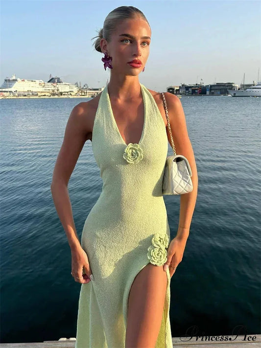 Deep Neck Blossom Knit Open-Backed Tall Waist Dress floraldress-250126