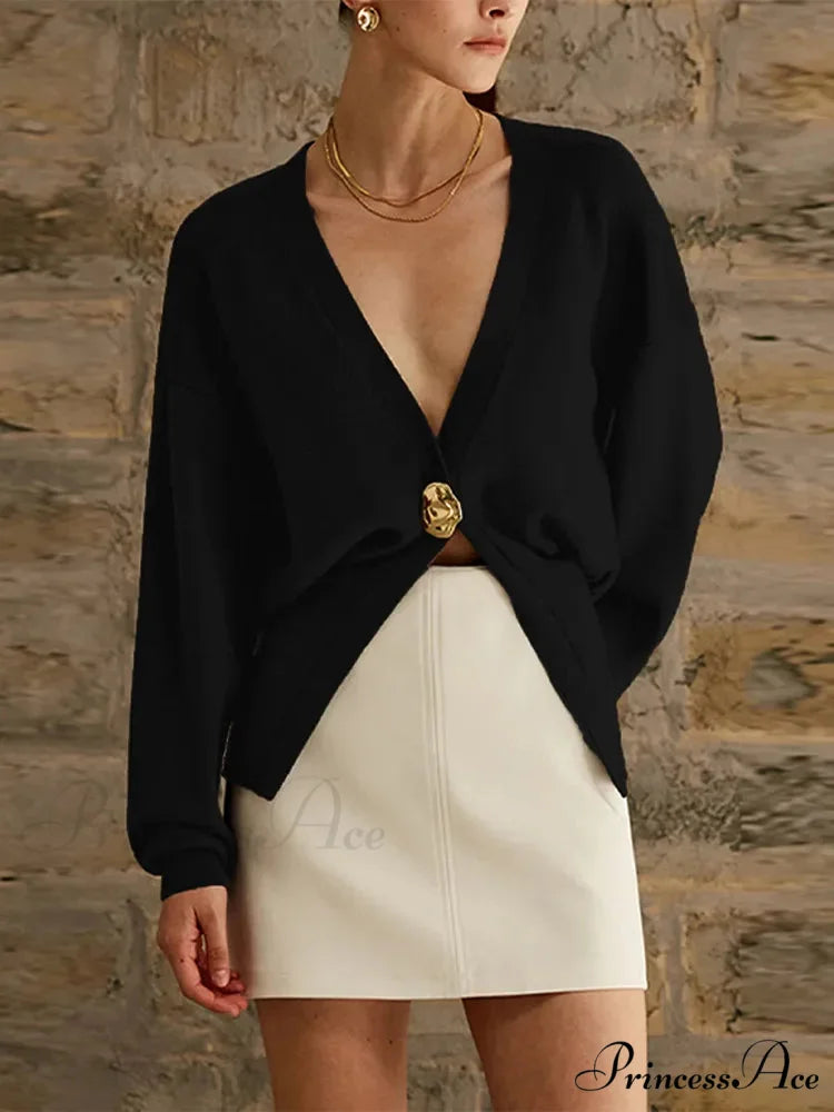 Deep-neck Button Trim Fit Cardigan Black / S cardigans-241228