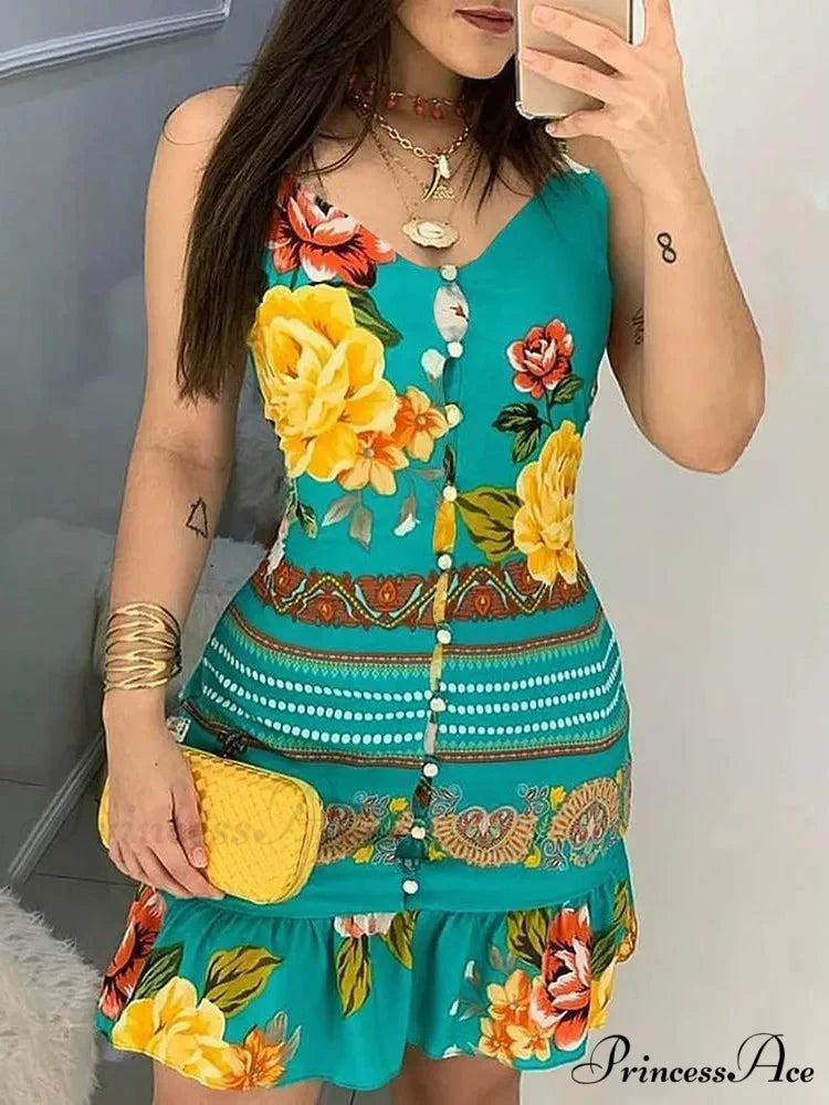 Deep-neck Buttoned Design Flower Print Dress Floral / S oldfloraldress-250126