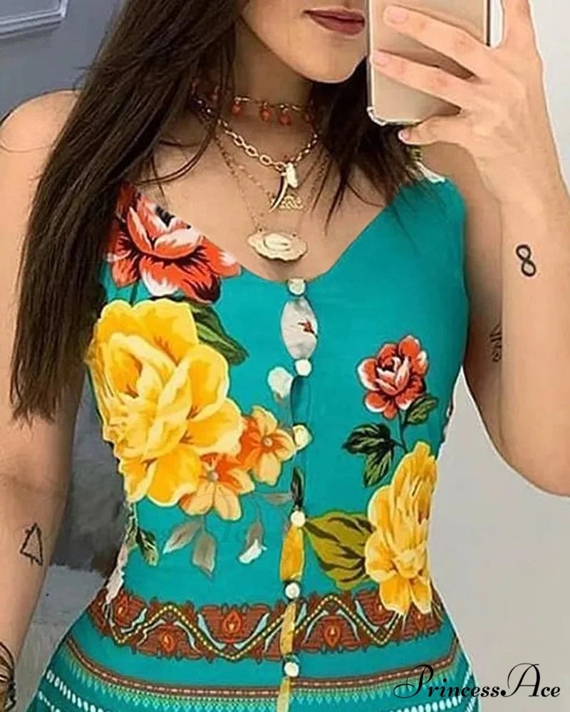 Deep-neck Buttoned Design Flower Print Dress oldfloraldress-250126