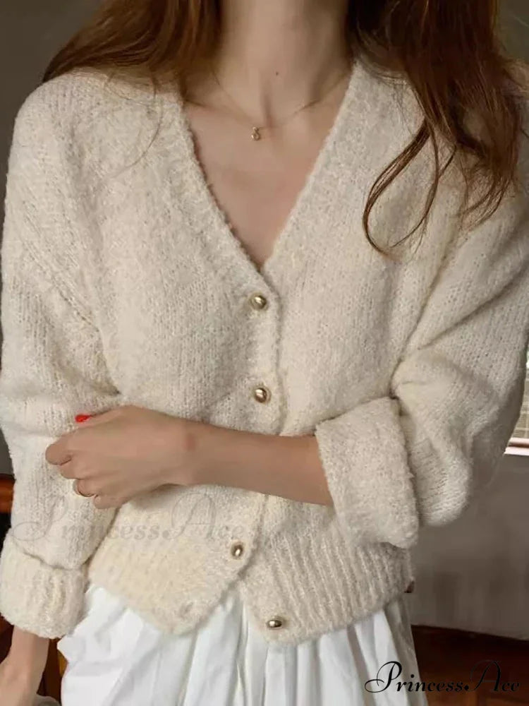 Deep-neck Cashmere Knit Cardigan Beige / One Size cardigans-241228