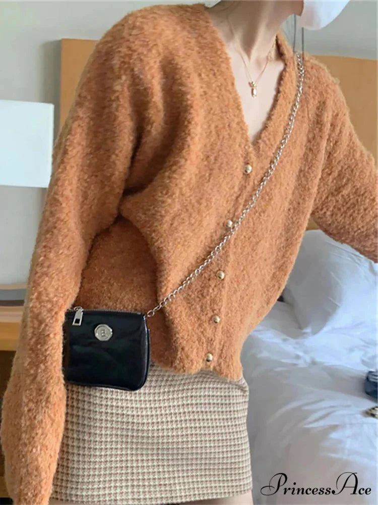 Deep-neck Cashmere Knit Cardigan Orange / One Size cardigans-241228