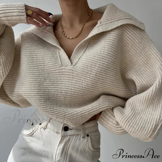 Deep-neck Cozy Ivory Jumper swraters-241228