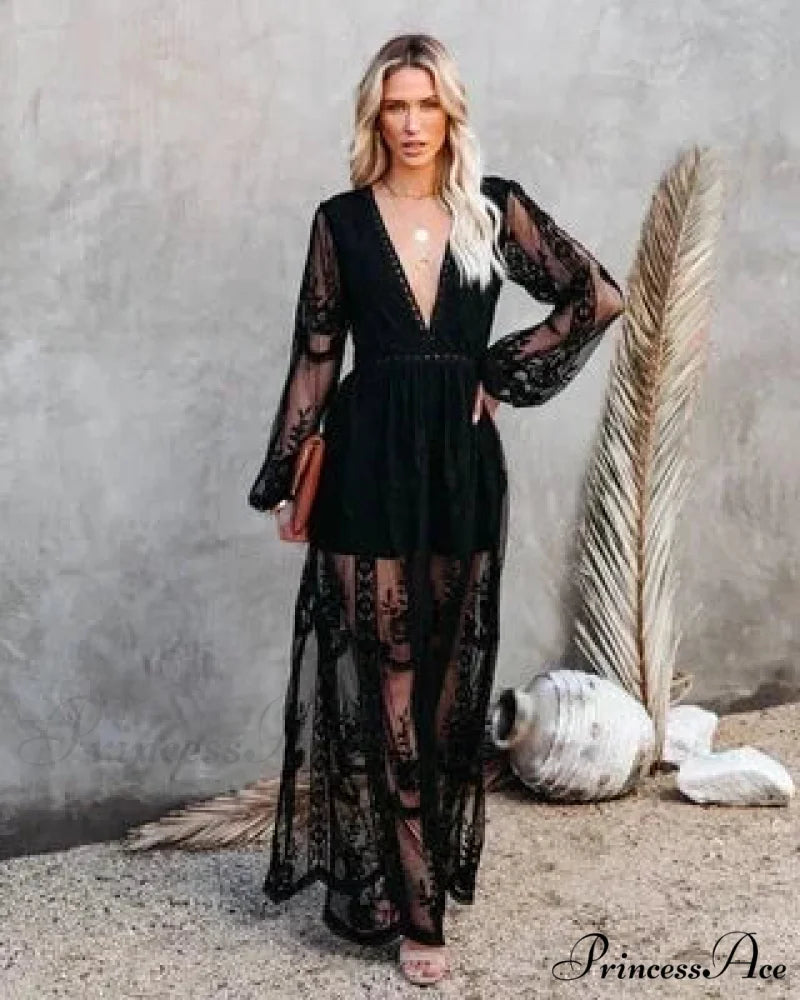 Deep-neck Extended Sleeve Frills Hollow Out Full-length Boho Dress Black / S bohodress-250126