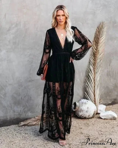 Deep-neck Extended Sleeve Frills Hollow Out Full-length Boho Dress Black / S bohodress-250126