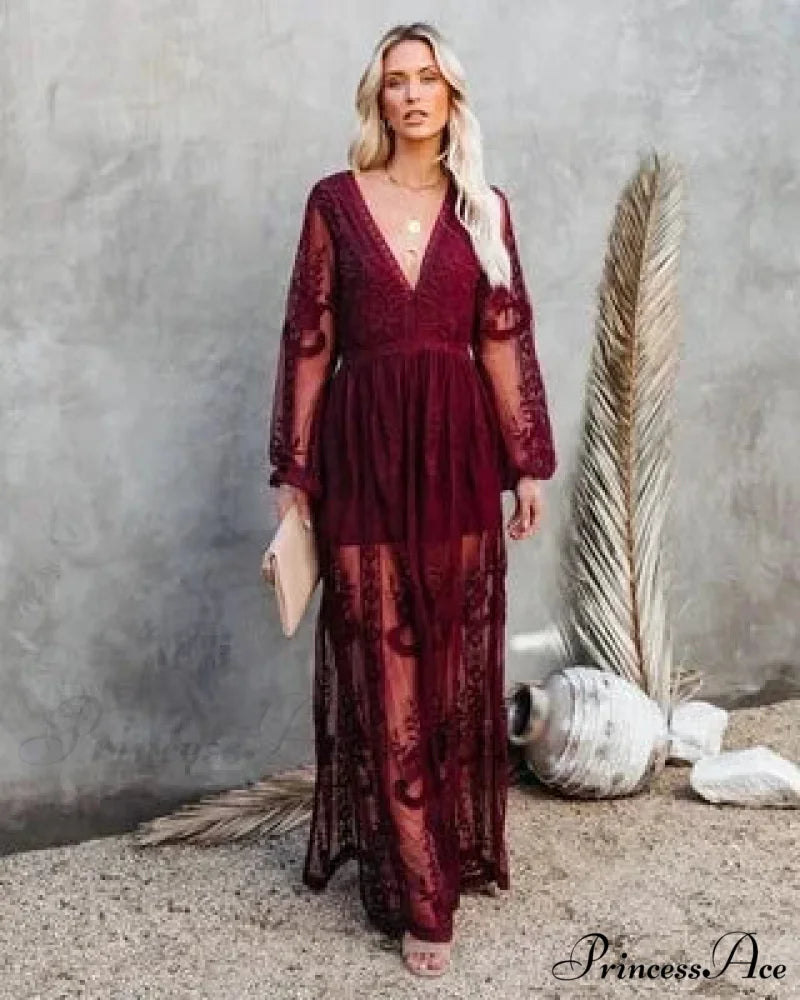 Deep-neck Extended Sleeve Frills Hollow Out Full-length Boho Dress wine red / S bohodress-250126