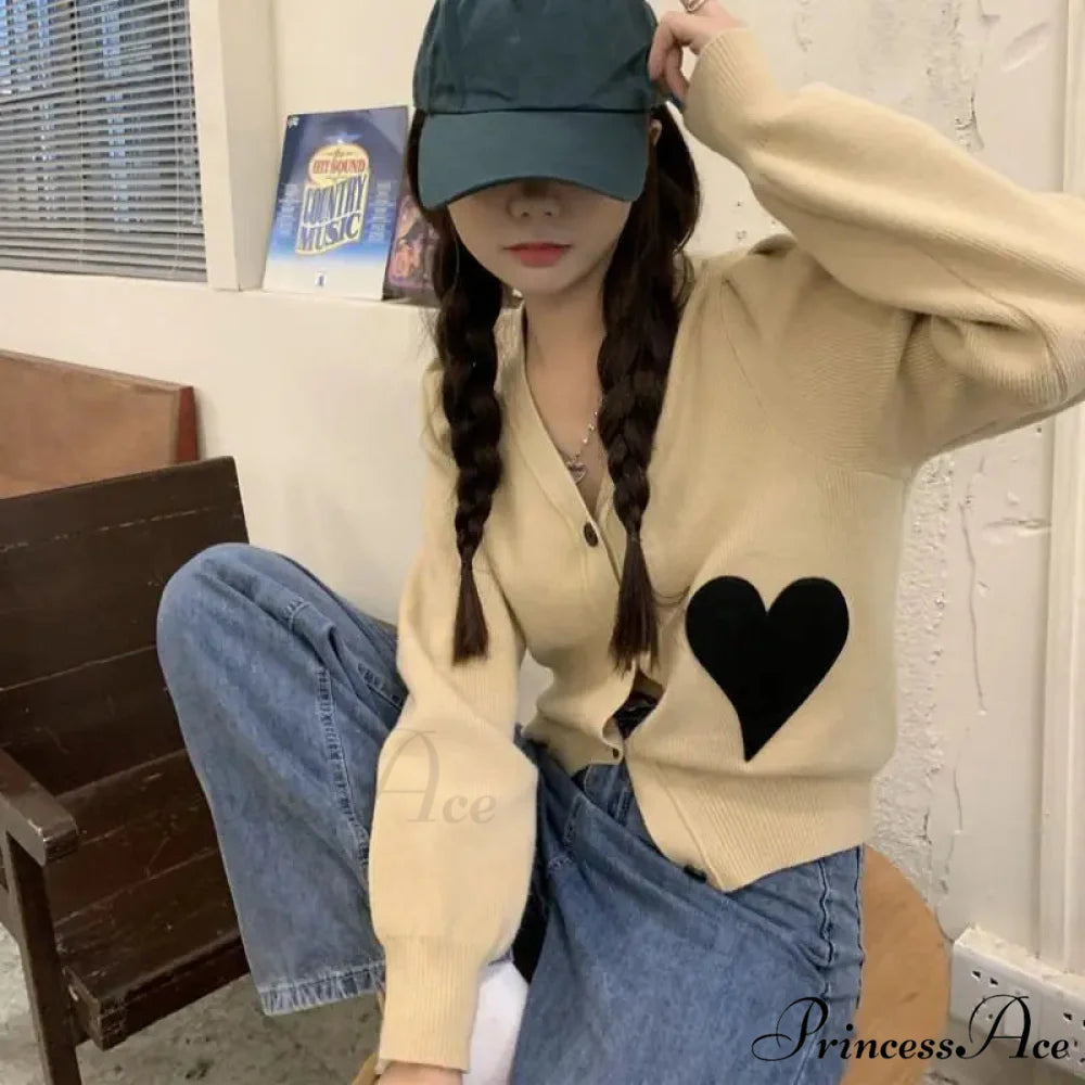 Deep Neck Extended Sleeve Solid Loose Sweet Knit Cardigan cardiagn-250126