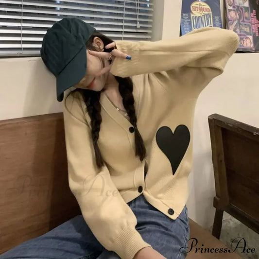 Deep Neck Extended Sleeve Solid Loose Sweet Knit Cardigan Khaki / S cardiagn-250126