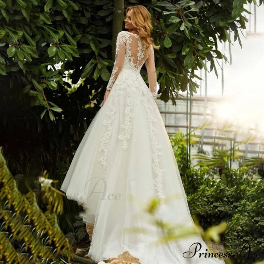 Deep Neck Extended Sleeve Transparent Wedding Gown weddingdress-250223