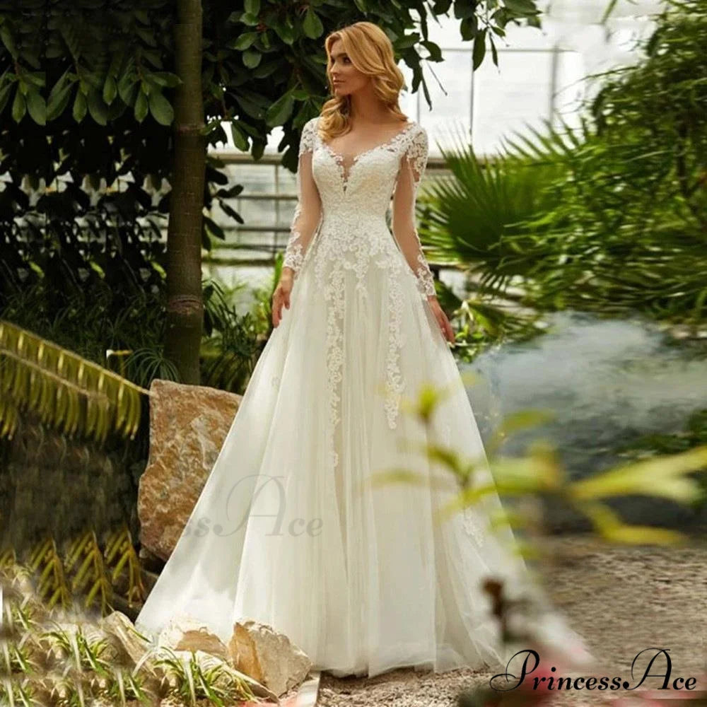 Deep Neck Extended Sleeve Transparent Wedding Gown White / 2 weddingdress-250223