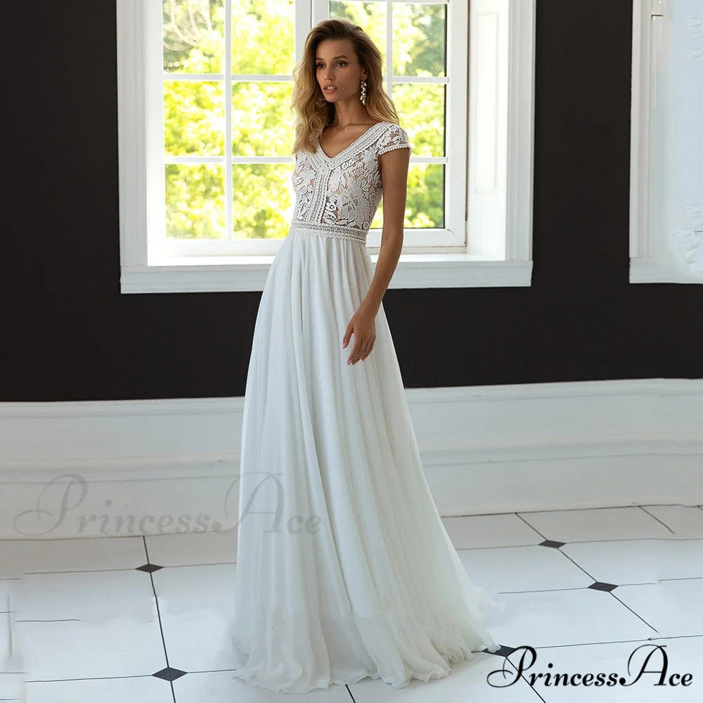 Deep-Neck Flared Chiffon Bridal Wedding Dress lvory white / 2 weddingdress-250223