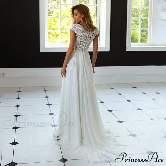 Deep-Neck Flared Chiffon Bridal Wedding Dress white / 2 weddingdress-250223