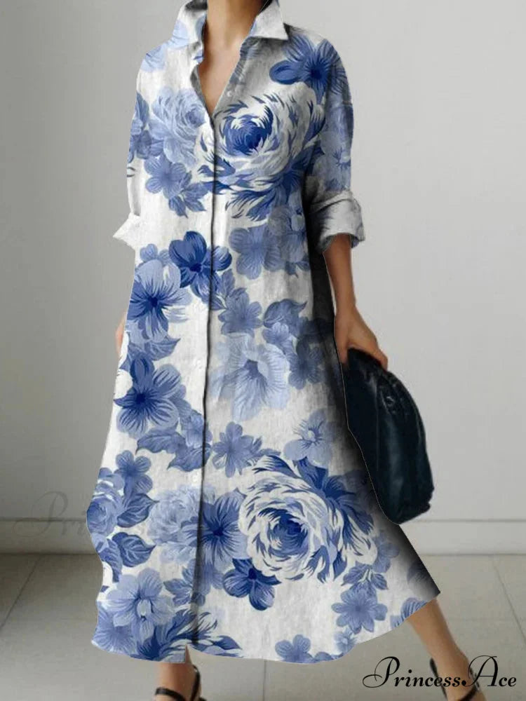Deep-neck Flower Design Buttoned Extended Sleeve Dress cloro2 / S oldfloraldress-250126
