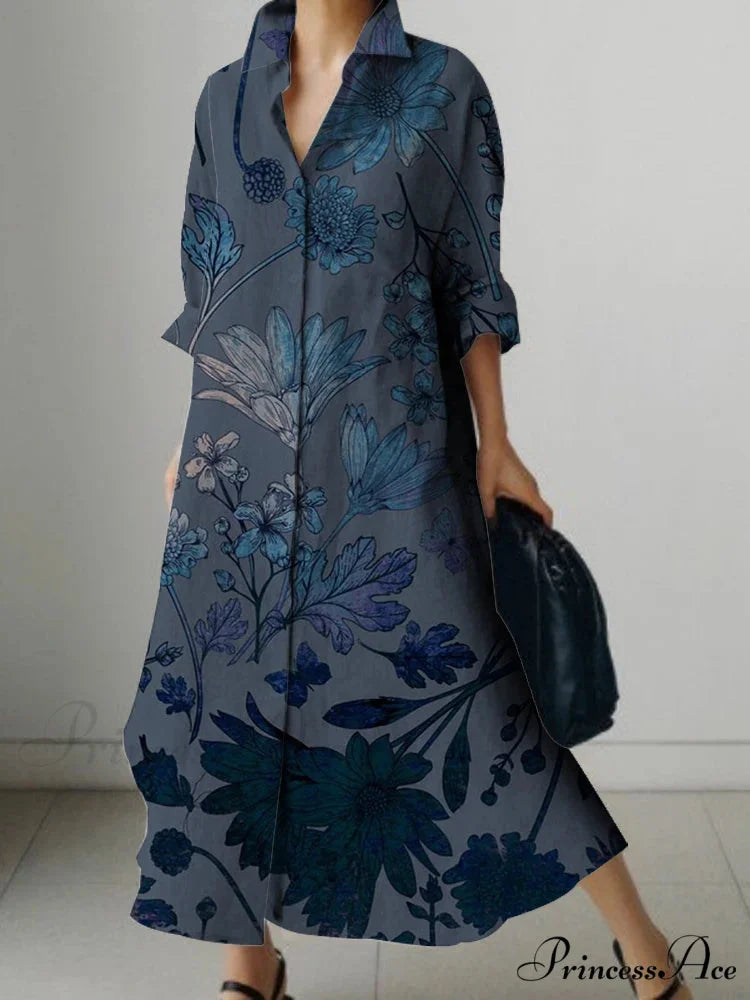 Deep-neck Flower Design Buttoned Extended Sleeve Dress cloro4 / S oldfloraldress-250126