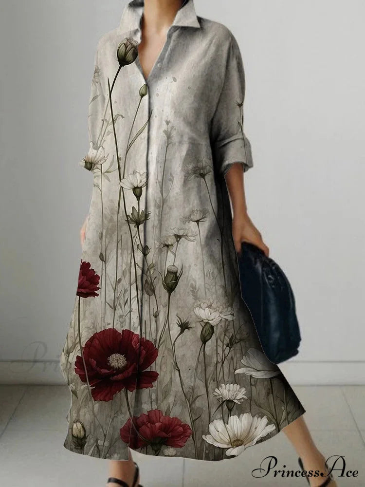 Deep-neck Flower Design Buttoned Extended Sleeve Dress cloro6 / S oldfloraldress-250126