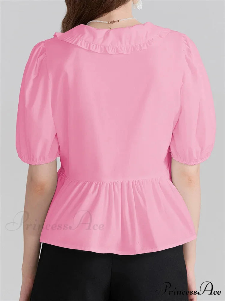 Deep-neck Front Ribbon Tie-Up Blouse blouse-250223