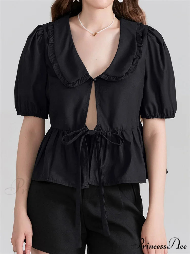 Deep-neck Front Ribbon Tie-Up Blouse black / S blouse-250223