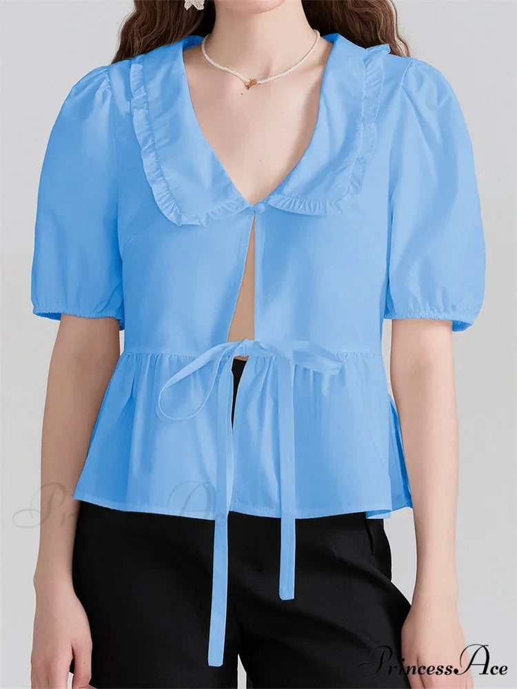 Deep-neck Front Ribbon Tie-Up Blouse blue / S blouse-250223