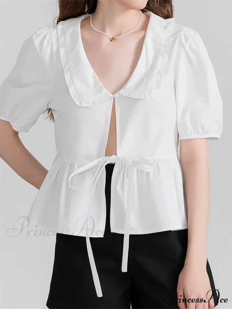 Deep-neck Front Ribbon Tie-Up Blouse white / S blouse-250223
