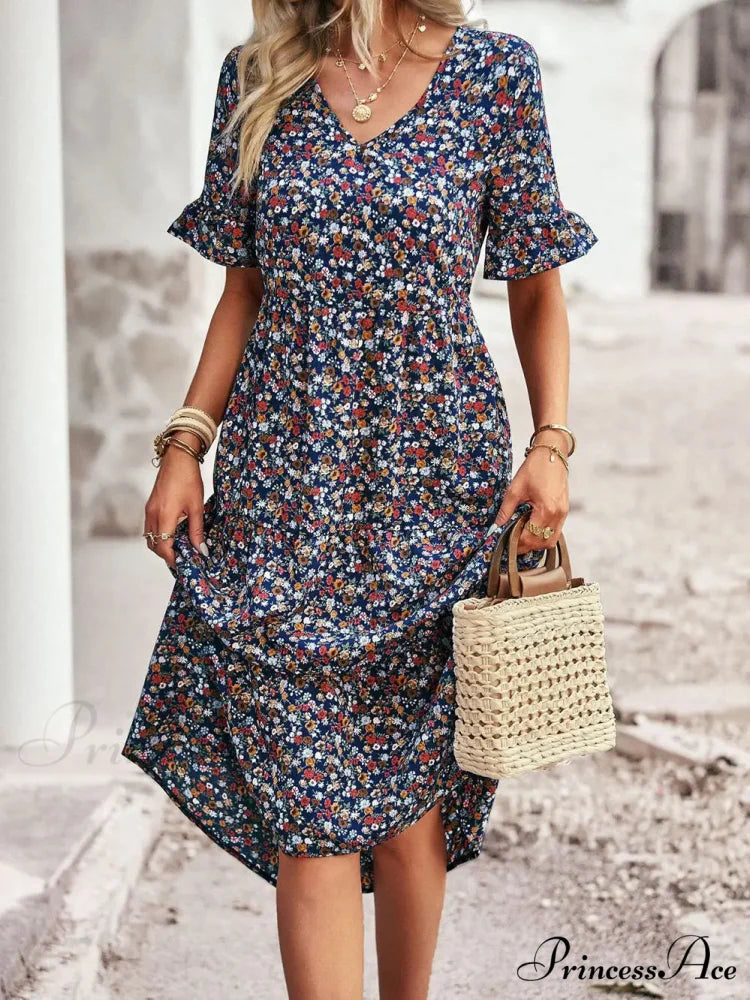 Deep-neck Graceful Flower Pattern A-line Vacation Dress Blue / S oldfloraldress-250126