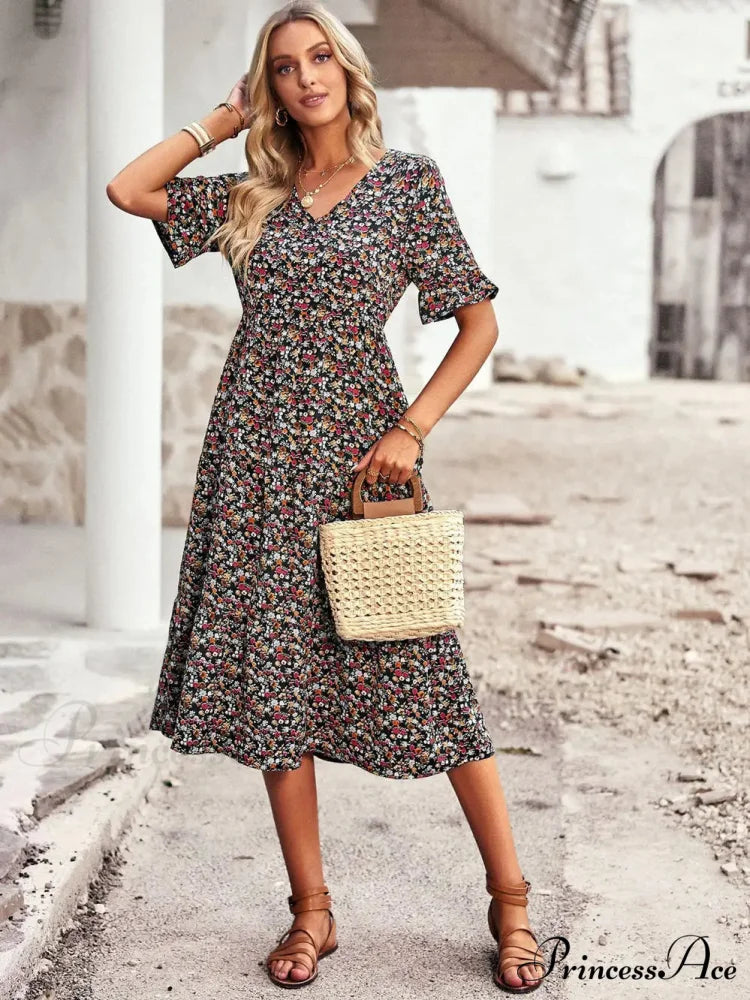 Deep-neck Graceful Flower Pattern A-line Vacation Dress oldfloraldress-250126