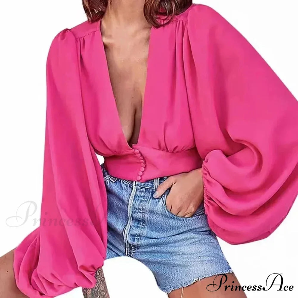 Deep-neck High Waist Lantern Sleeve Silk Blouse Rose Red / One Size blouse-250126