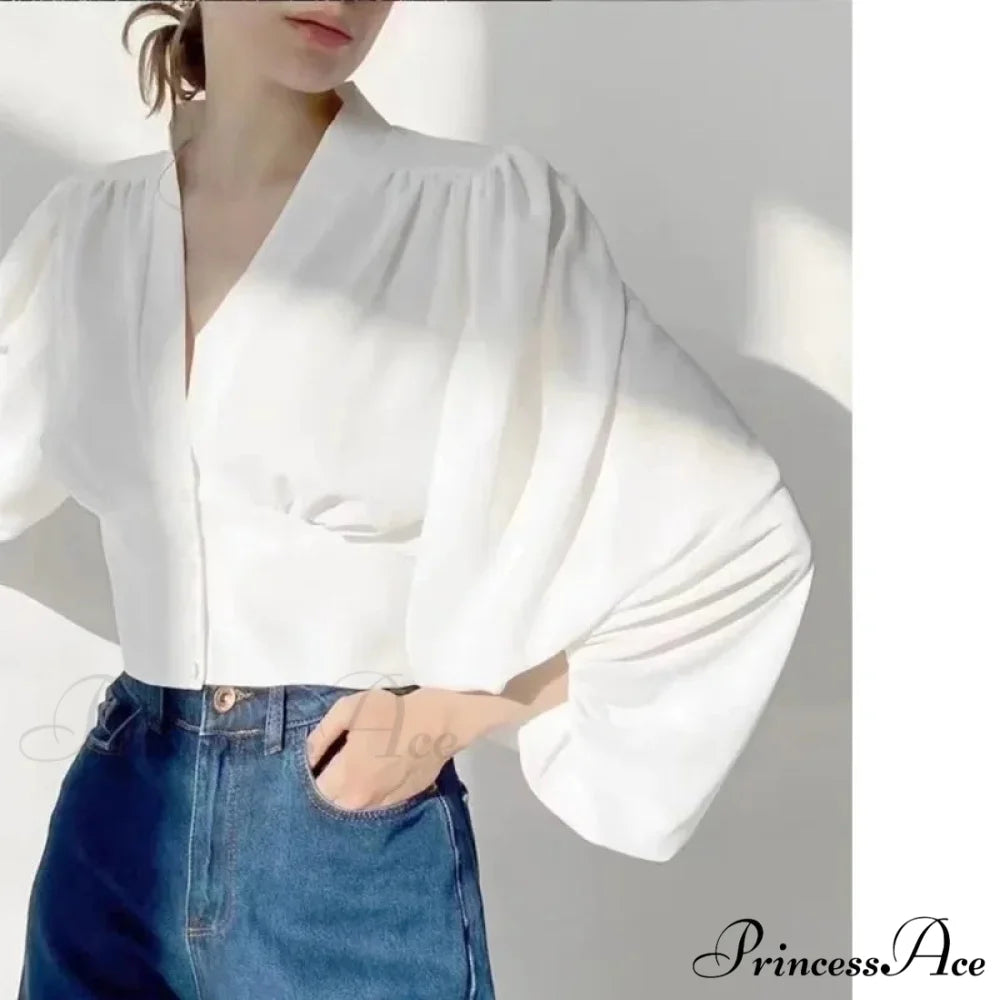 Deep-neck High Waist Lantern Sleeve Silk Blouse WHITE / One Size blouse-250126