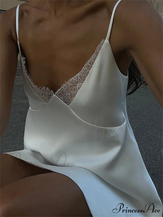 Deep Neck Ivory Spaghetti Mini Dress minidress-250223