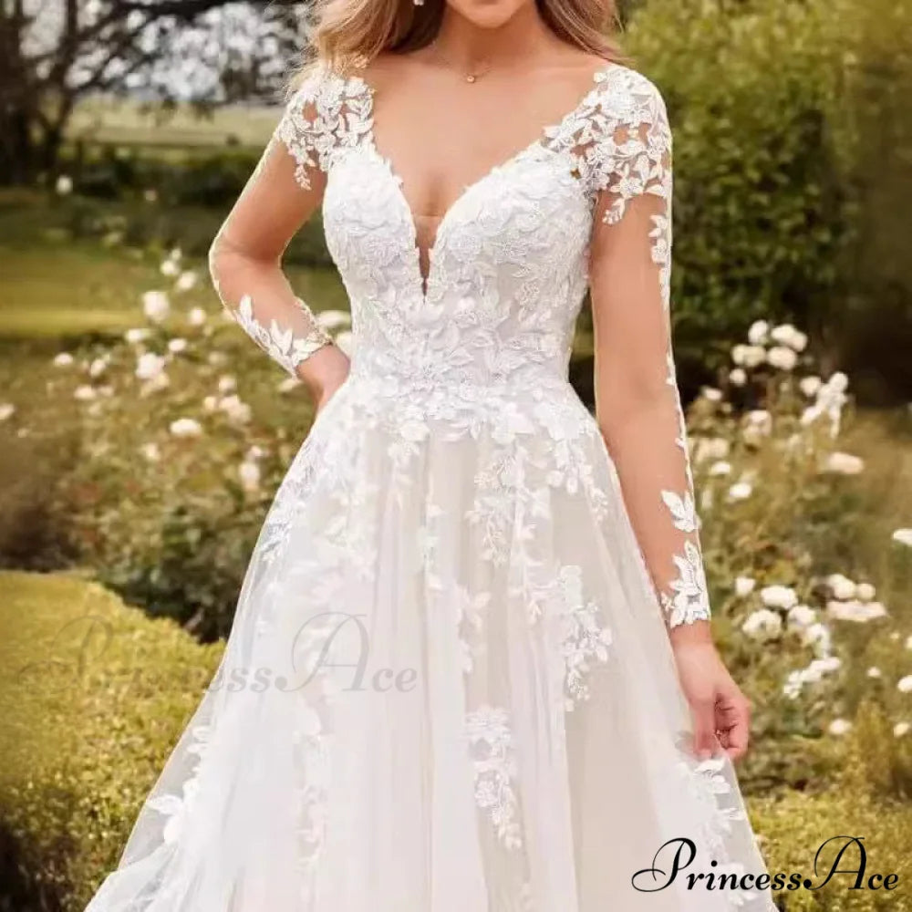 Deep-Neck Lace Flared Wedding Gown lvory white / 2 weddingdress-250223