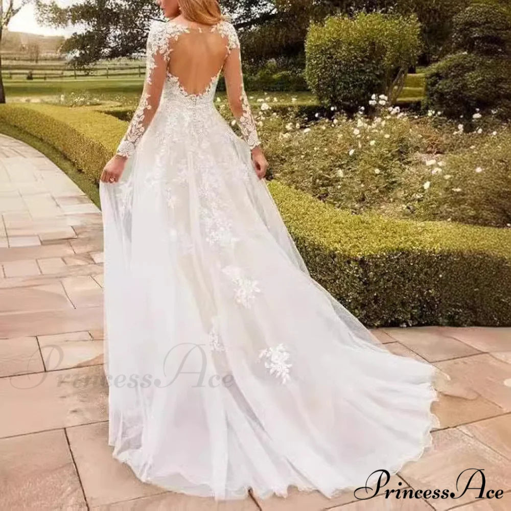Deep-Neck Lace Flared Wedding Gown weddingdress-250223