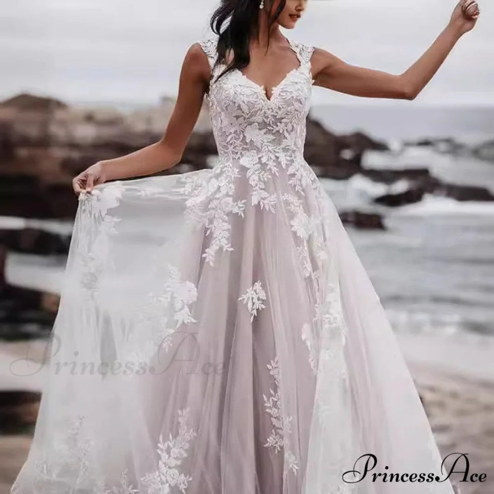 Deep-Neck Lace Flared Wedding Gown weddingdress-250223